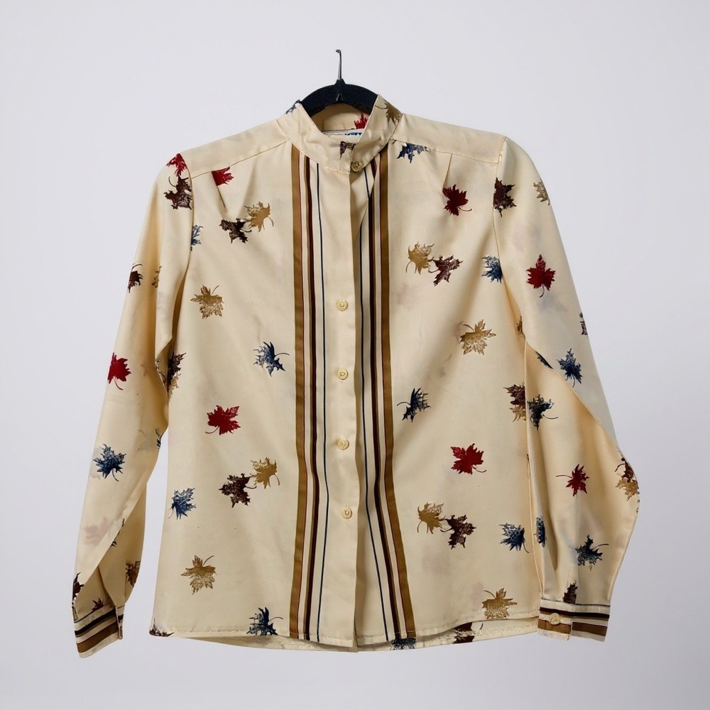 Vintage Womens Cream Leaf Print Button Up Blouse Shirt Long Sleeve Collar 7/8‎